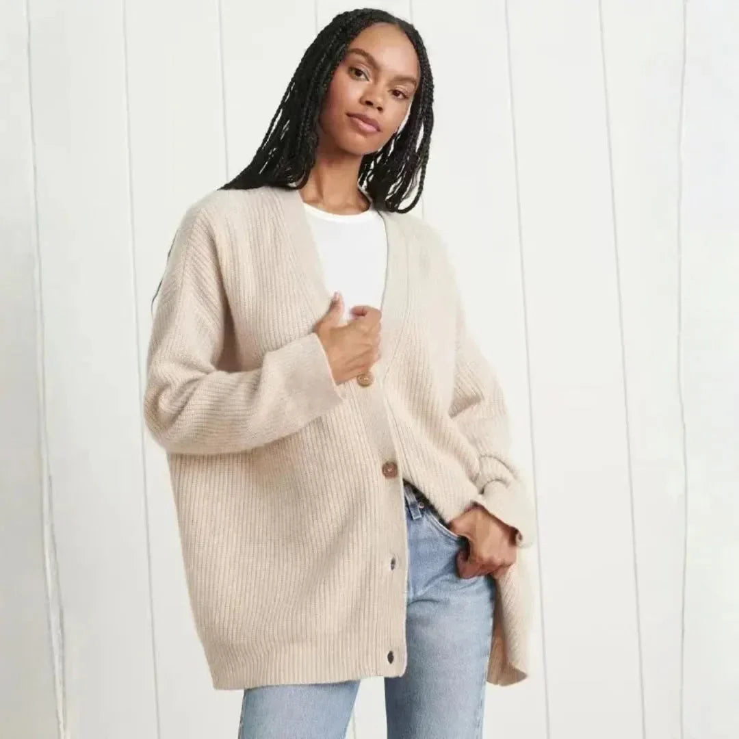 Women's Longline Ribbed Cardigan Deep V-Neck Side Splits